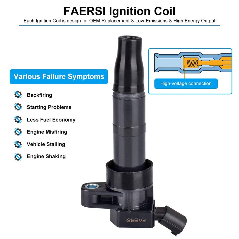 FAERSI Set of 4 Ignition Coils Pack Replacement for 2009 2010 2011 2012 2013 2014 2015 2016 Kia Sorento Forte Optima Sportage Hyundai Sonata Santa Fe Genesis Coupe 2.4 2.0 L4 Replace OE# UF611 C1667 - Image 3